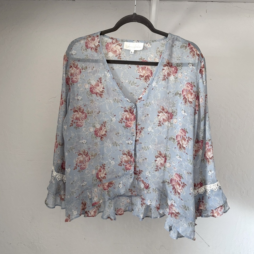1990s Deadstock Light Blue Rayon Floral Jacket with Flounces and Lace